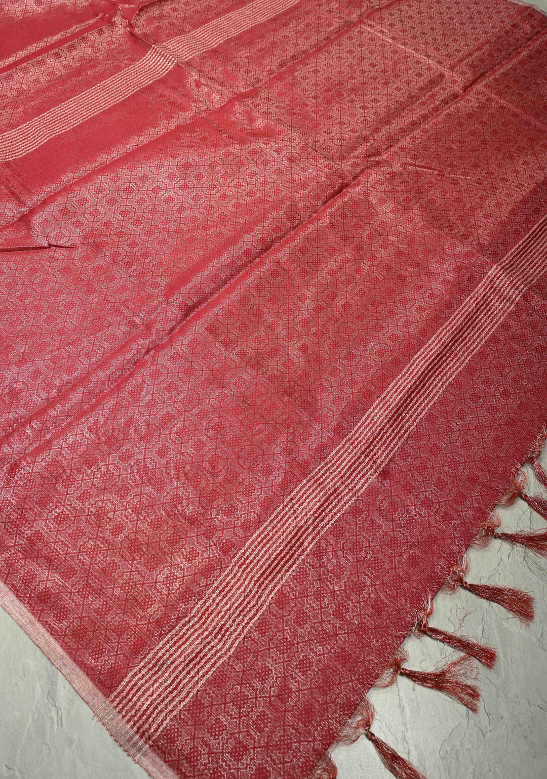 Red Semi Tussar Saree with Brocade and Minimal Silver Zari Border