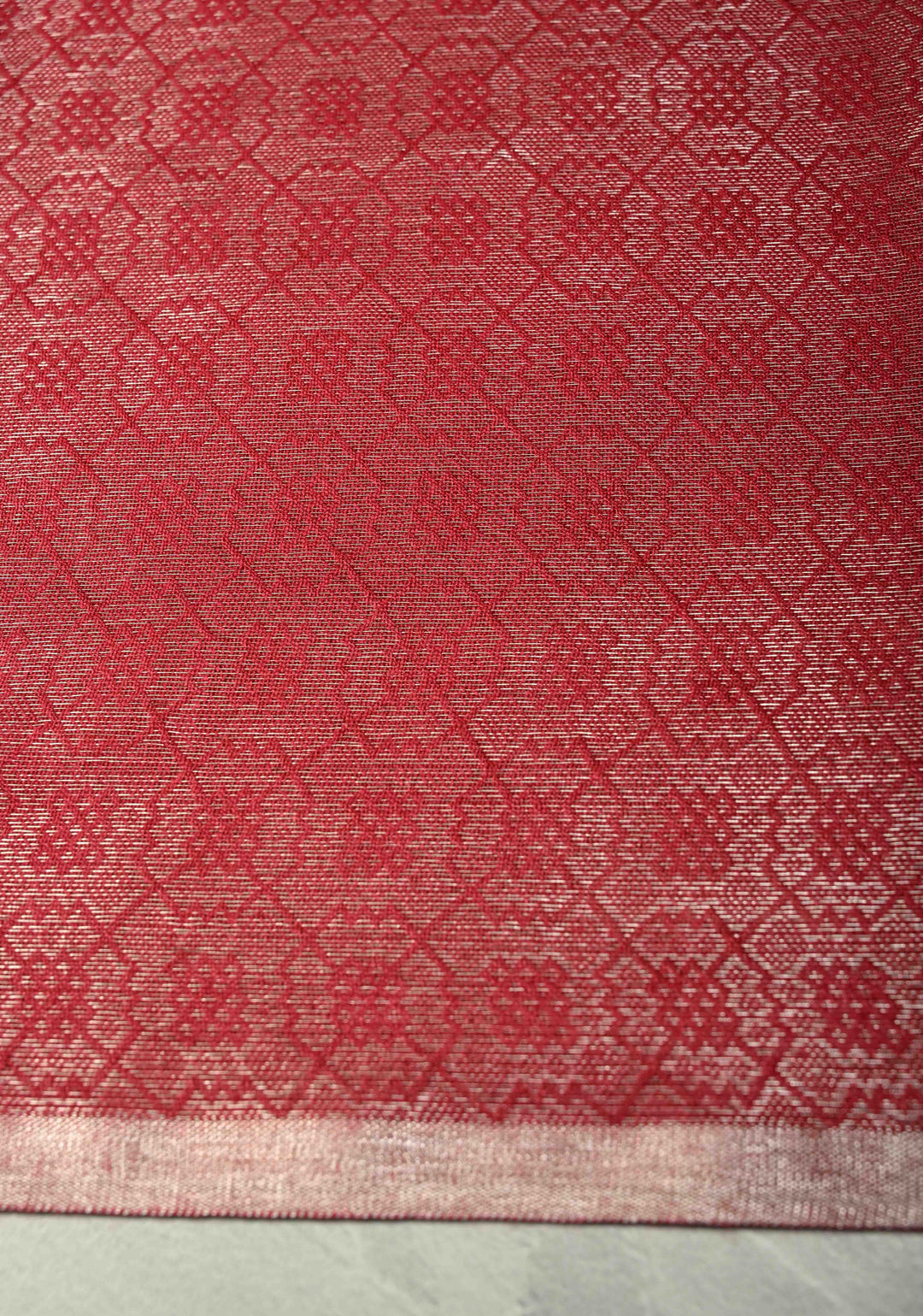 Red Semi Tussar Saree with Brocade and Minimal Silver Zari Border