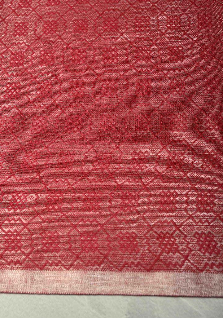 Red Semi Tussar Saree with Brocade and Minimal Silver Zari Border