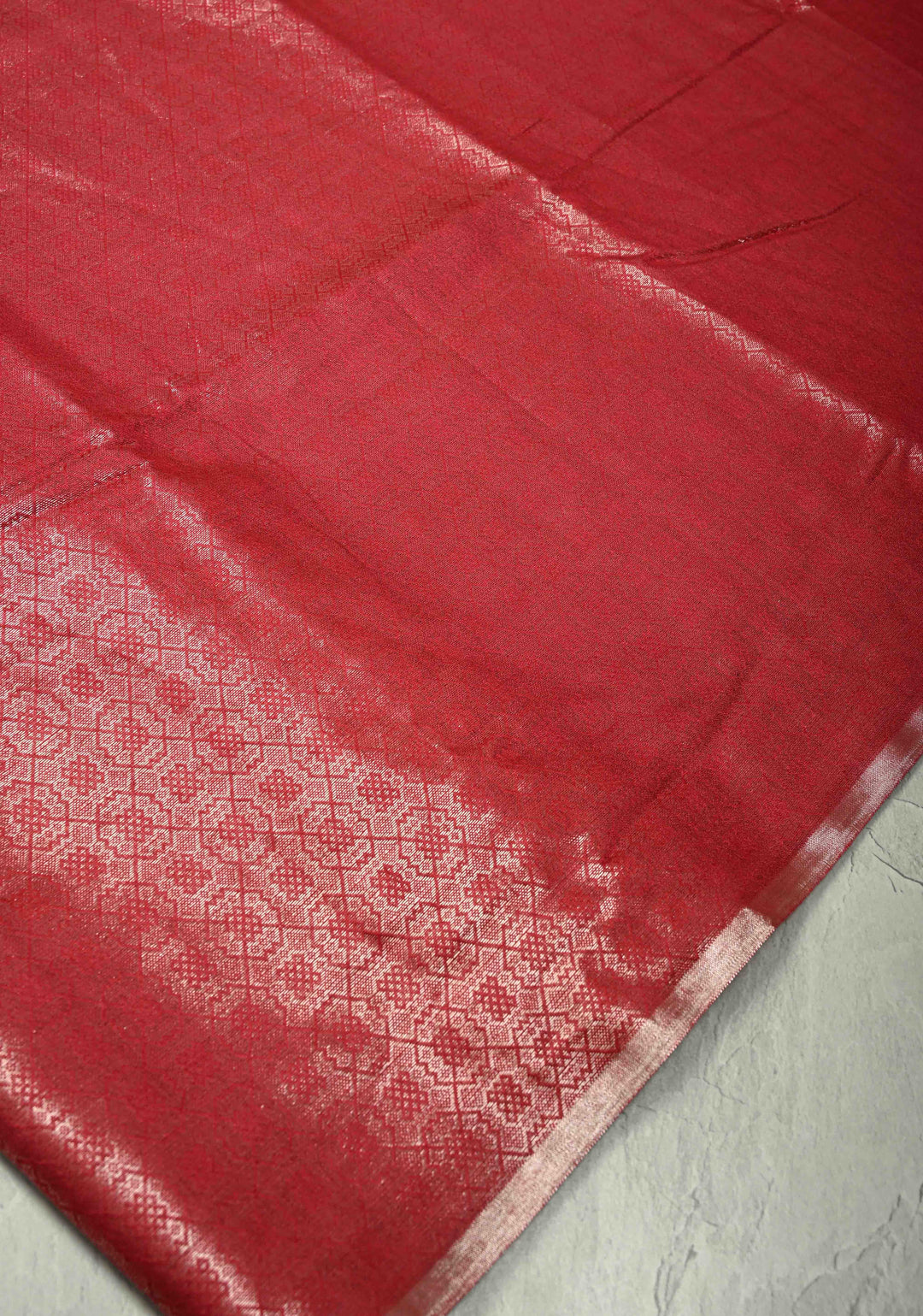 Red Semi Tussar Saree with Brocade and Minimal Silver Zari Border