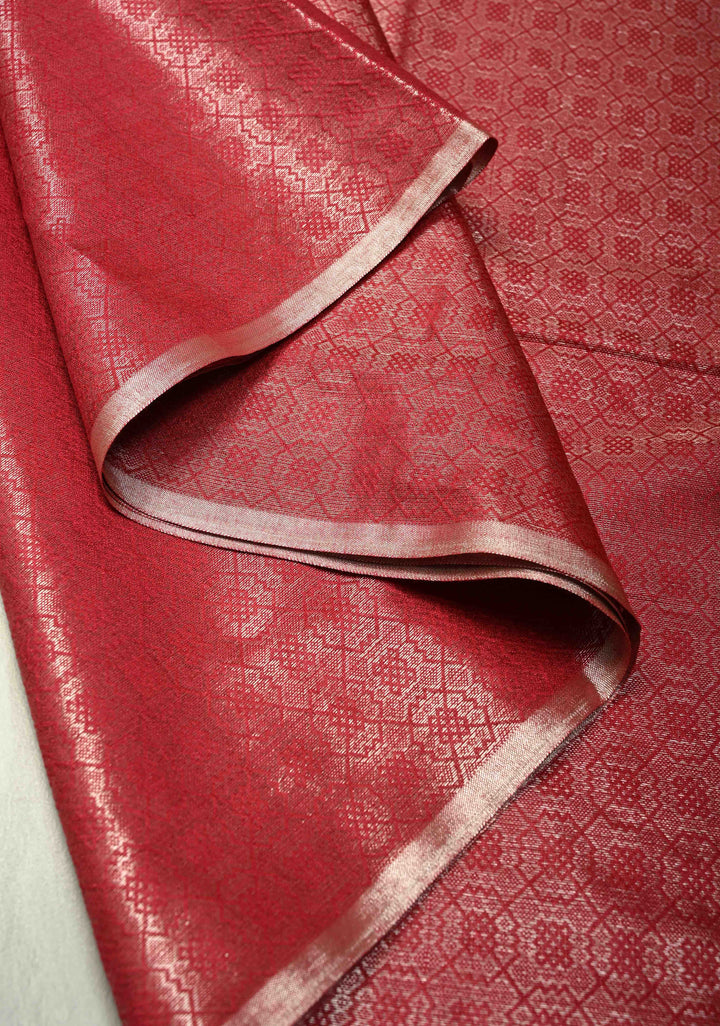Red Semi Tussar Saree with Brocade and Minimal Silver Zari Border