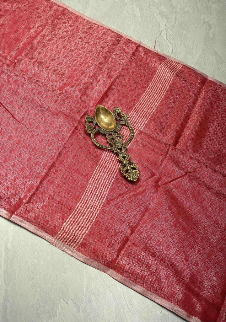 Red Semi Tussar Saree with Brocade and Minimal Silver Zari Border