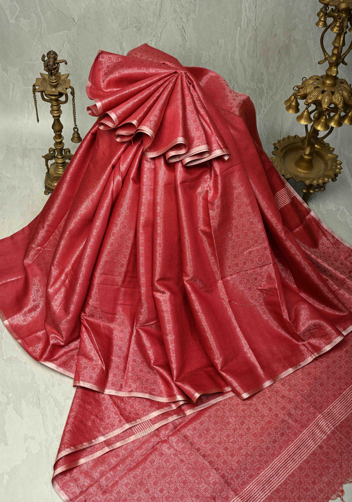 Red Semi Tussar Saree with Brocade and Minimal Silver Zari Border
