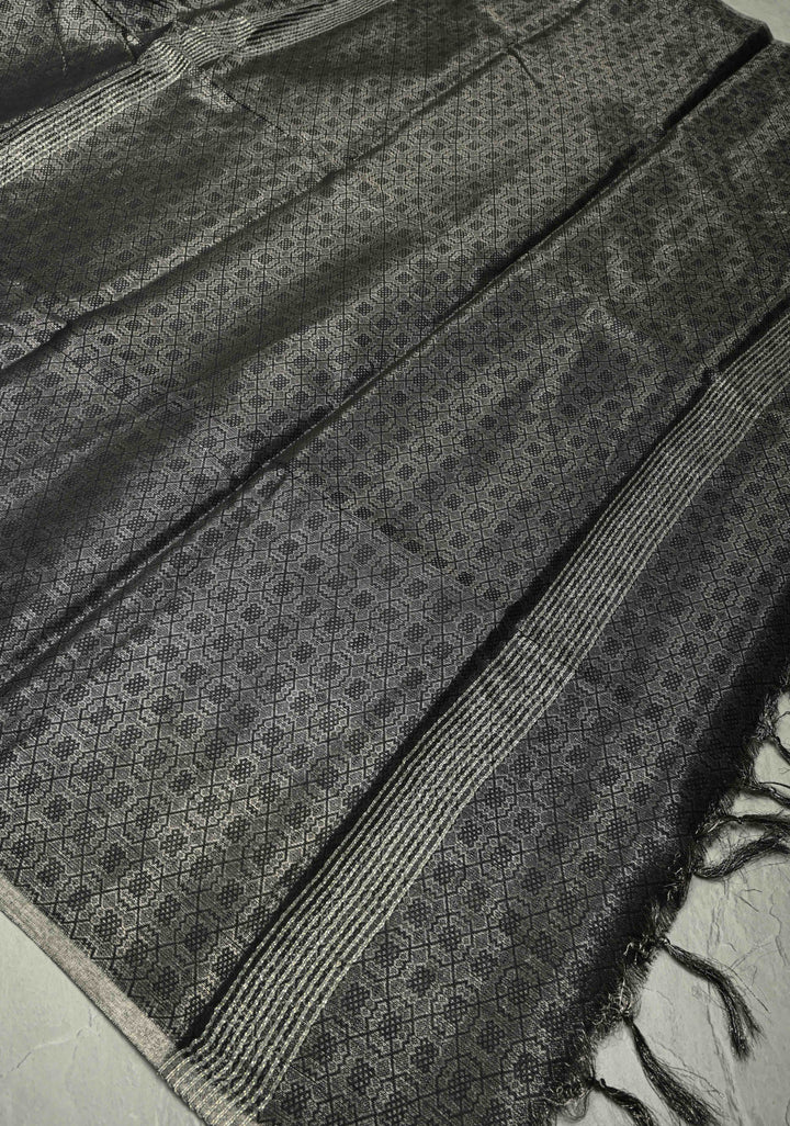 Stunning Black Semi Tussar Saree with Zari Brocade and Minimal Silver Zari Border