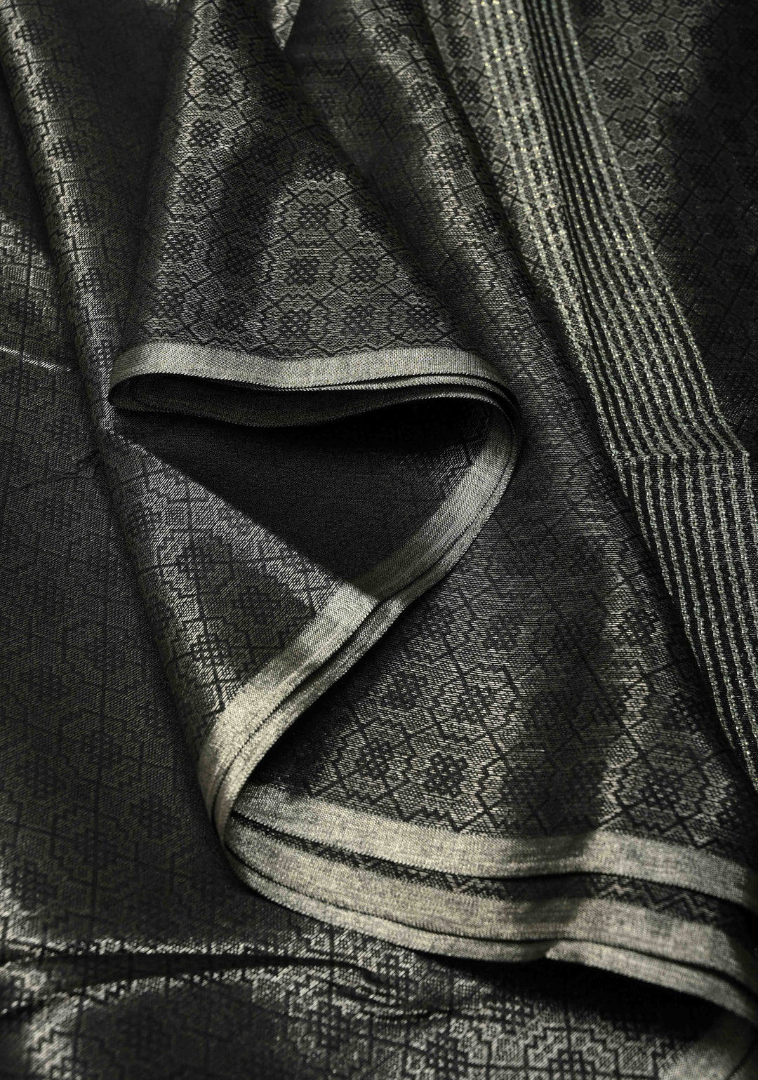 Stunning Black Semi Tussar Saree with Zari Brocade and Minimal Silver Zari Border