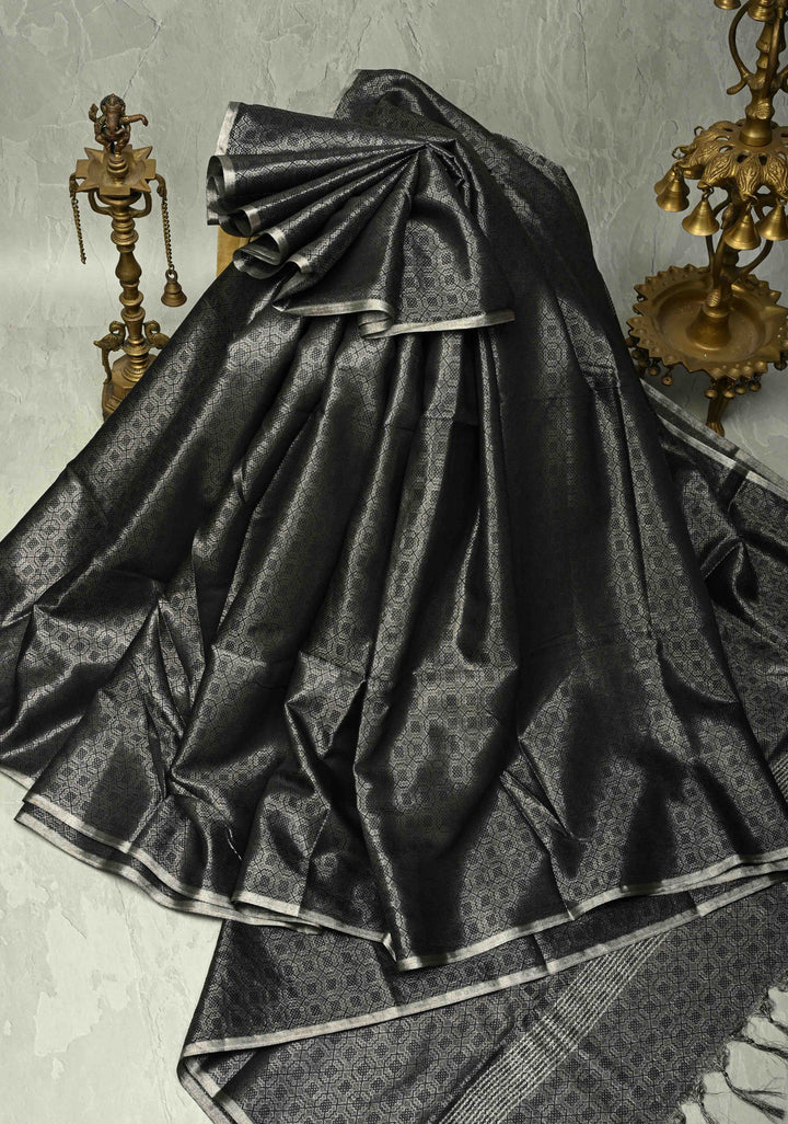 Stunning Black Semi Tussar Saree with Zari Brocade and Minimal Silver Zari Border