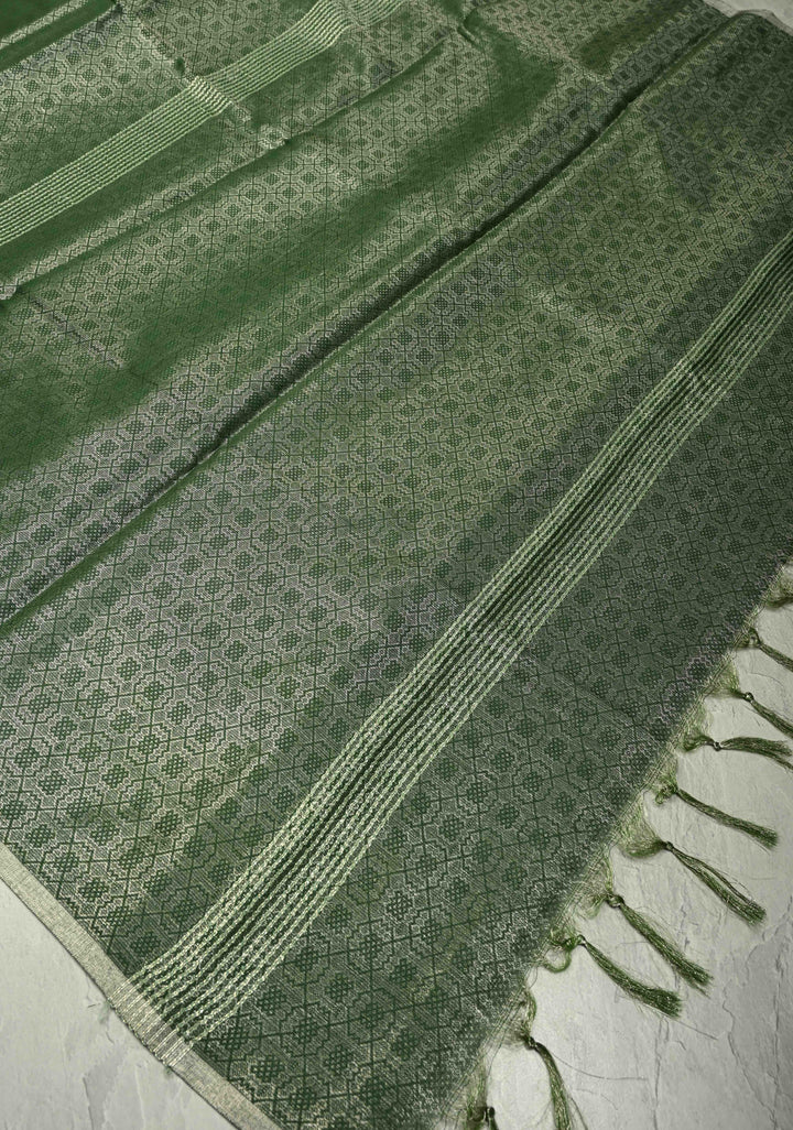 Deep Green Semi Tussar Saree with Zari Brocade and Minimal Silver Zari Border