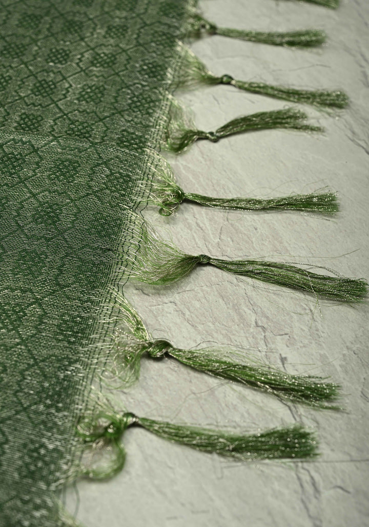 Deep Green Semi Tussar Saree with Zari Brocade and Minimal Silver Zari Border