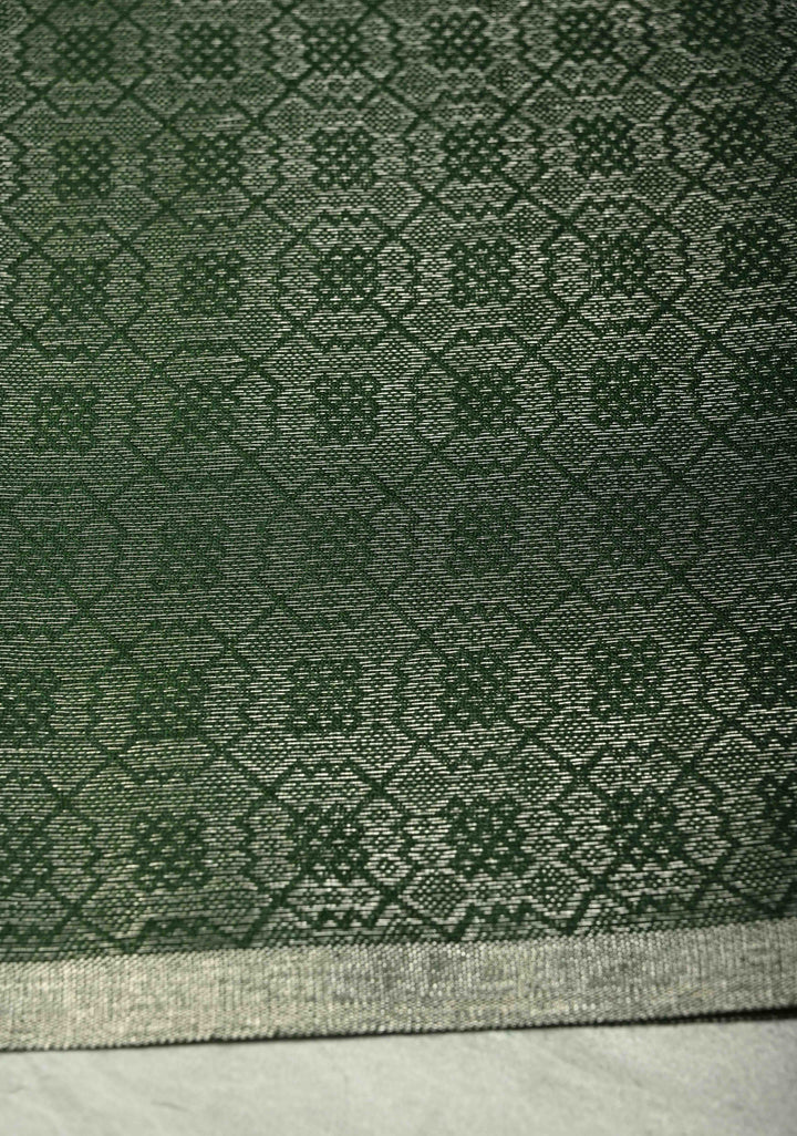 Deep Green Semi Tussar Saree with Zari Brocade and Minimal Silver Zari Border