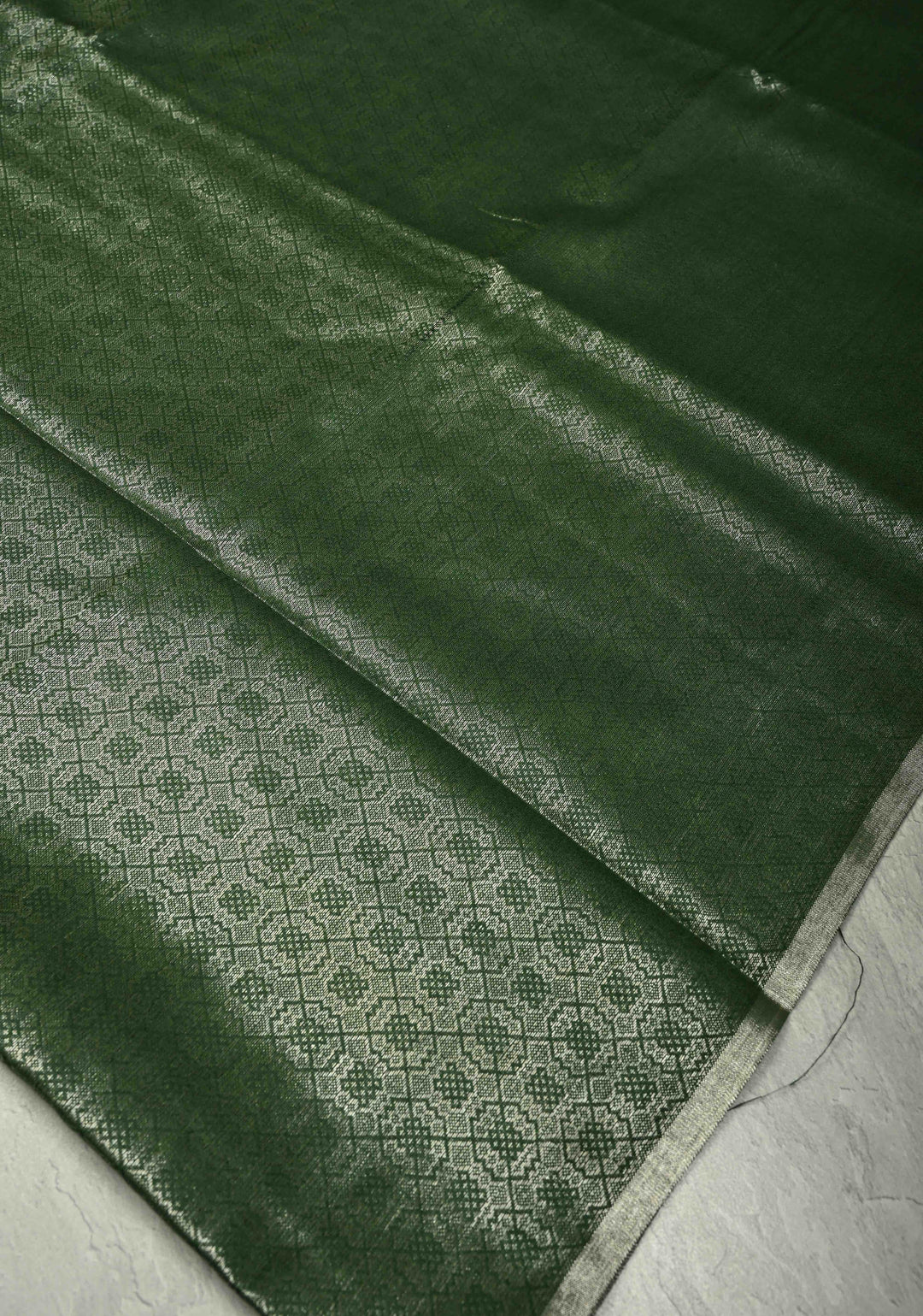 Deep Green Semi Tussar Saree with Zari Brocade and Minimal Silver Zari Border