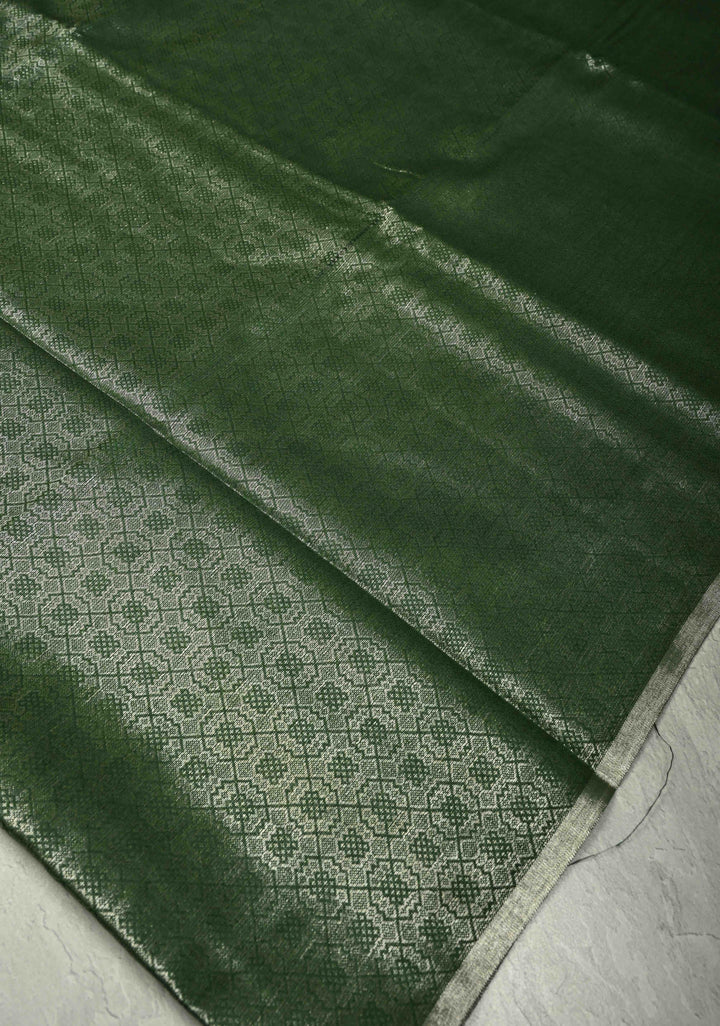 Deep Green Semi Tussar Saree with Zari Brocade and Minimal Silver Zari Border