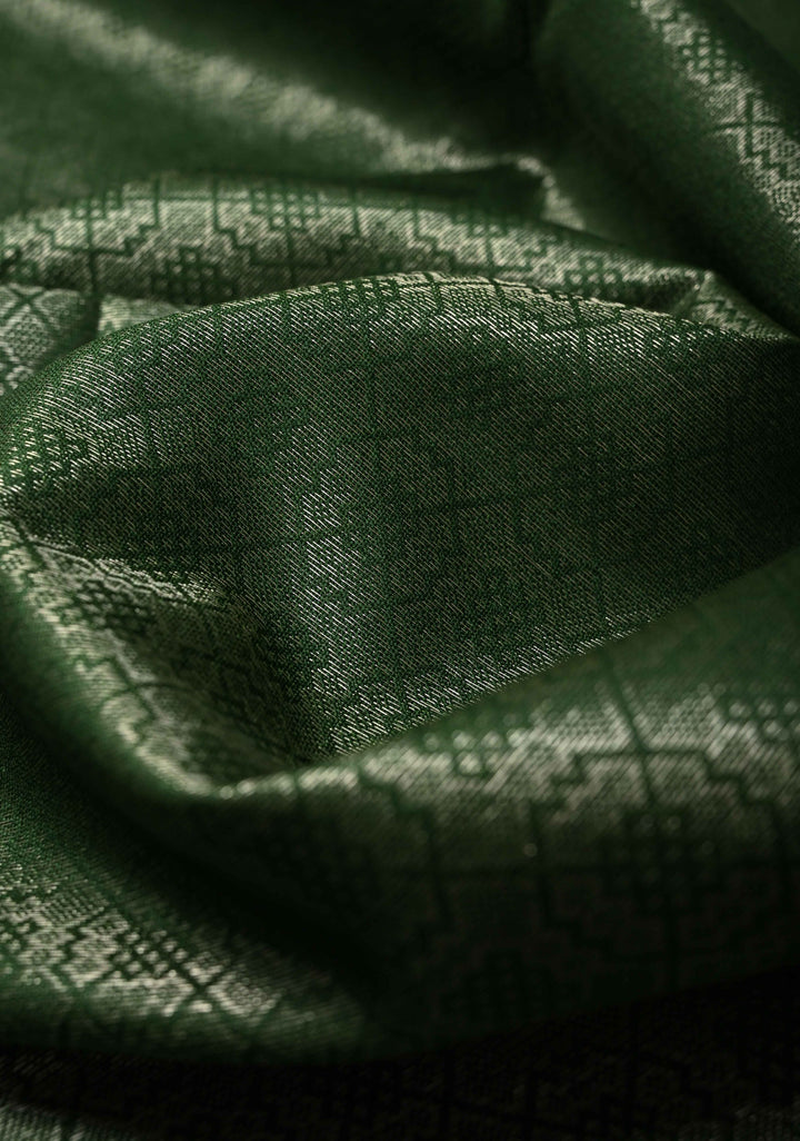 Deep Green Semi Tussar Saree with Zari Brocade and Minimal Silver Zari Border
