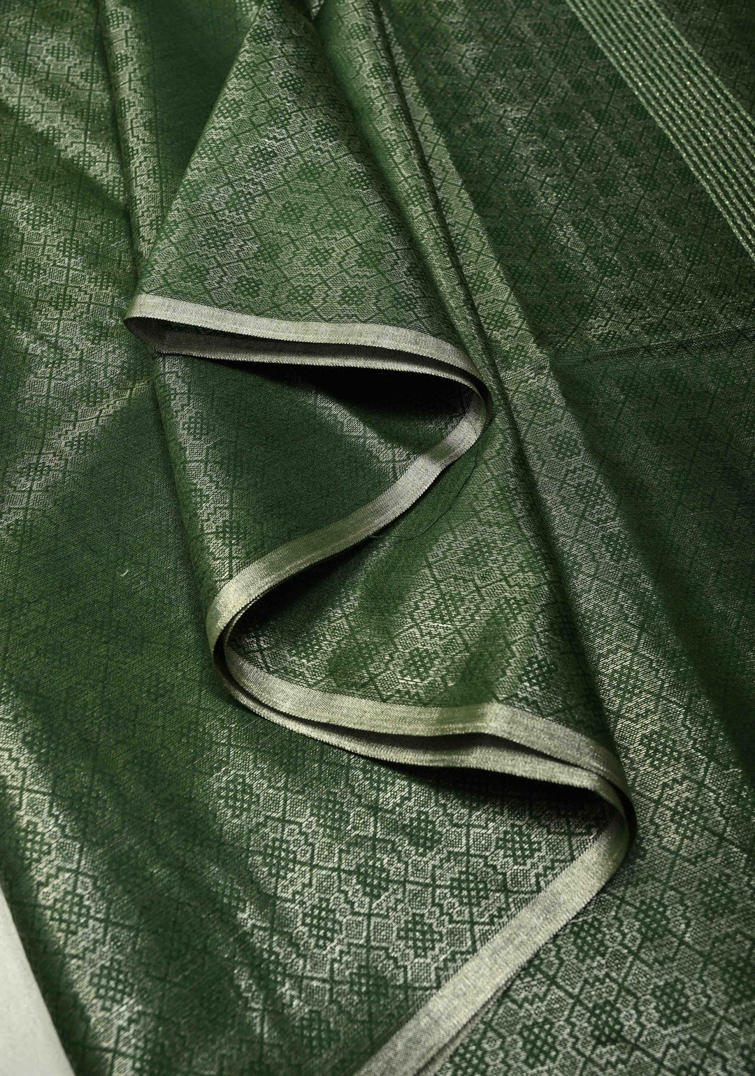 Deep Green Semi Tussar Saree with Zari Brocade and Minimal Silver Zari Border