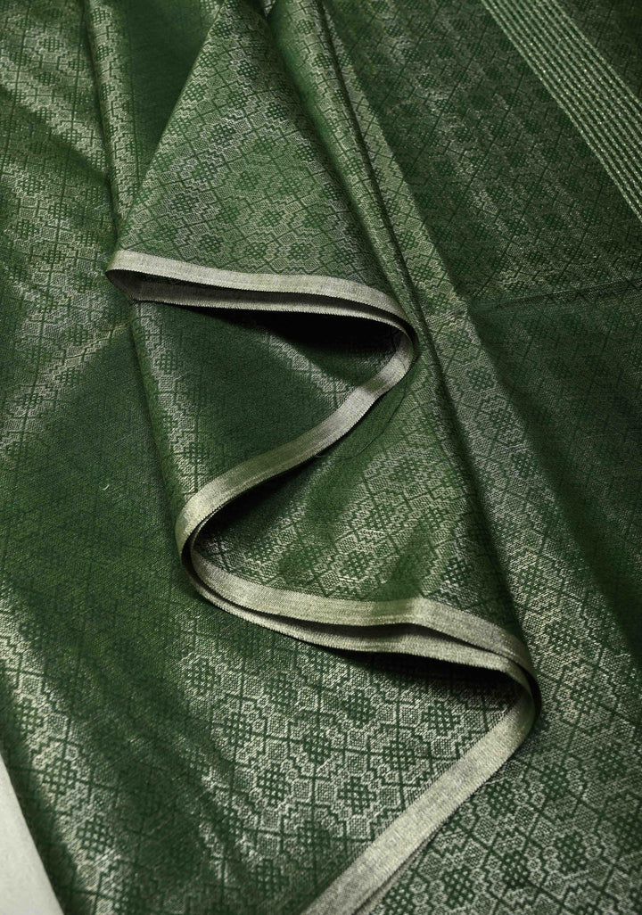 Deep Green Semi Tussar Saree with Zari Brocade and Minimal Silver Zari Border