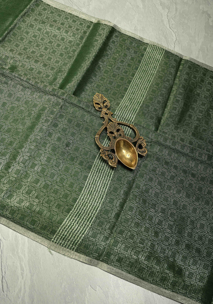 Deep Green Semi Tussar Saree with Zari Brocade and Minimal Silver Zari Border
