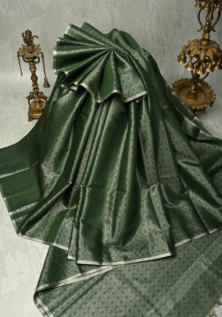Deep Green Semi Tussar Saree with Zari Brocade and Minimal Silver Zari Border