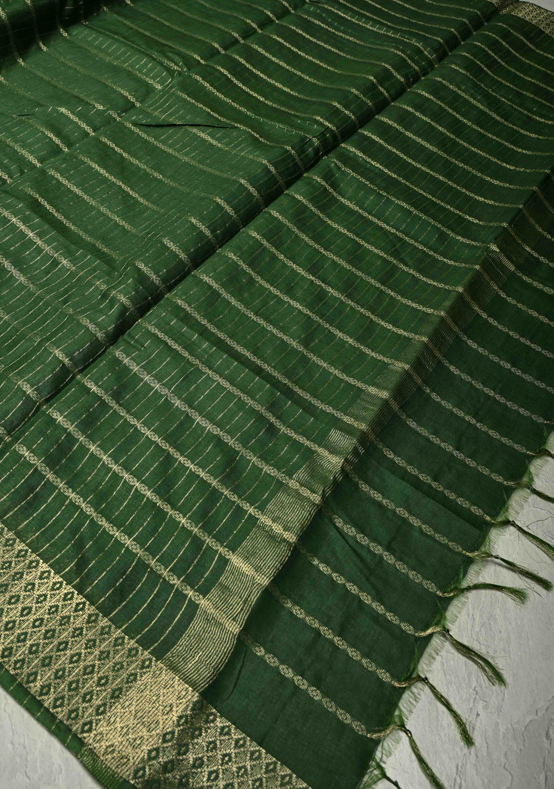 Hunter Green Semi Tussar Saree with Zari Stripes and Zari Border