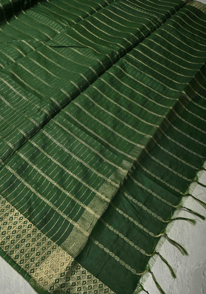 Hunter Green Semi Tussar Saree with Zari Stripes and Zari Border