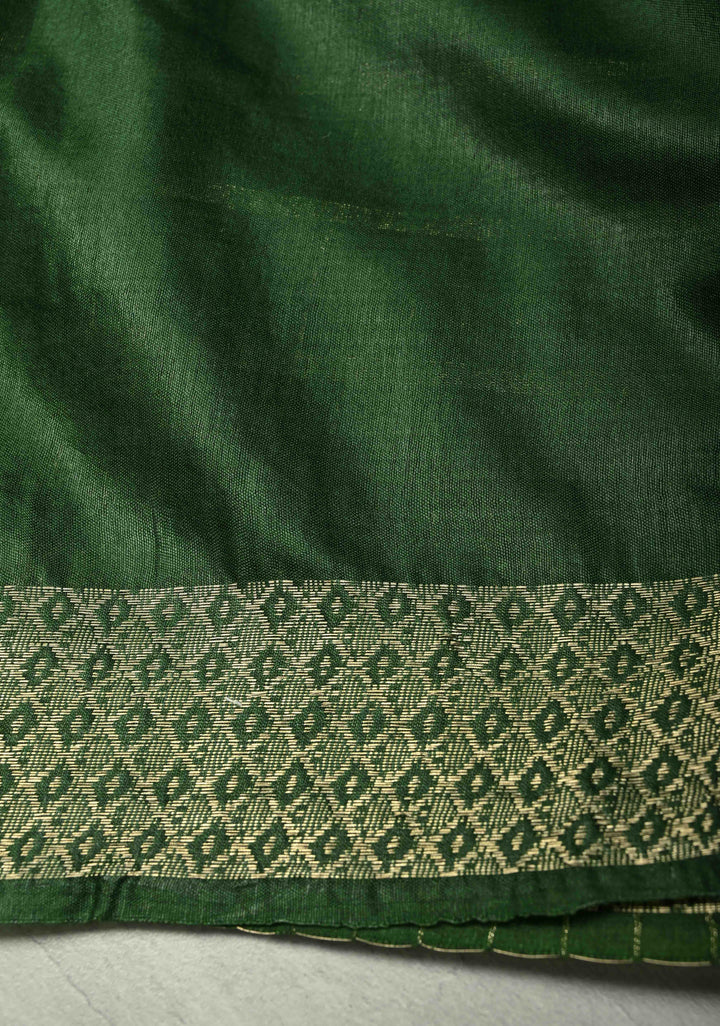 Hunter Green Semi Tussar Saree with Zari Stripes and Zari Border