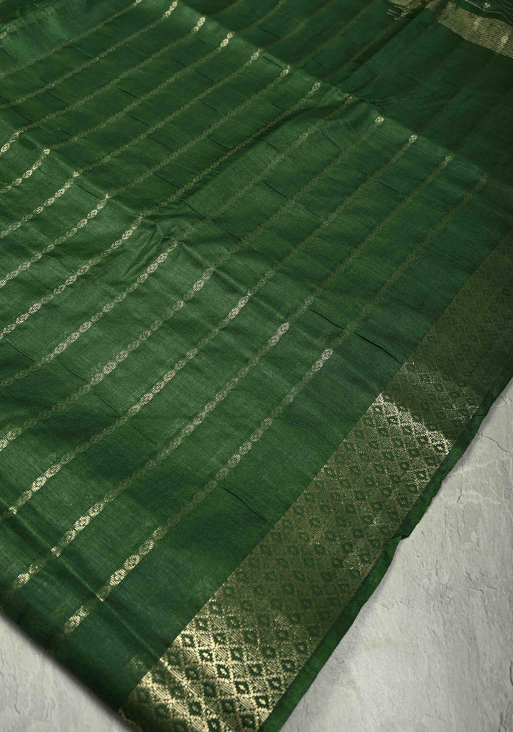Hunter Green Semi Tussar Saree with Zari Stripes and Zari Border