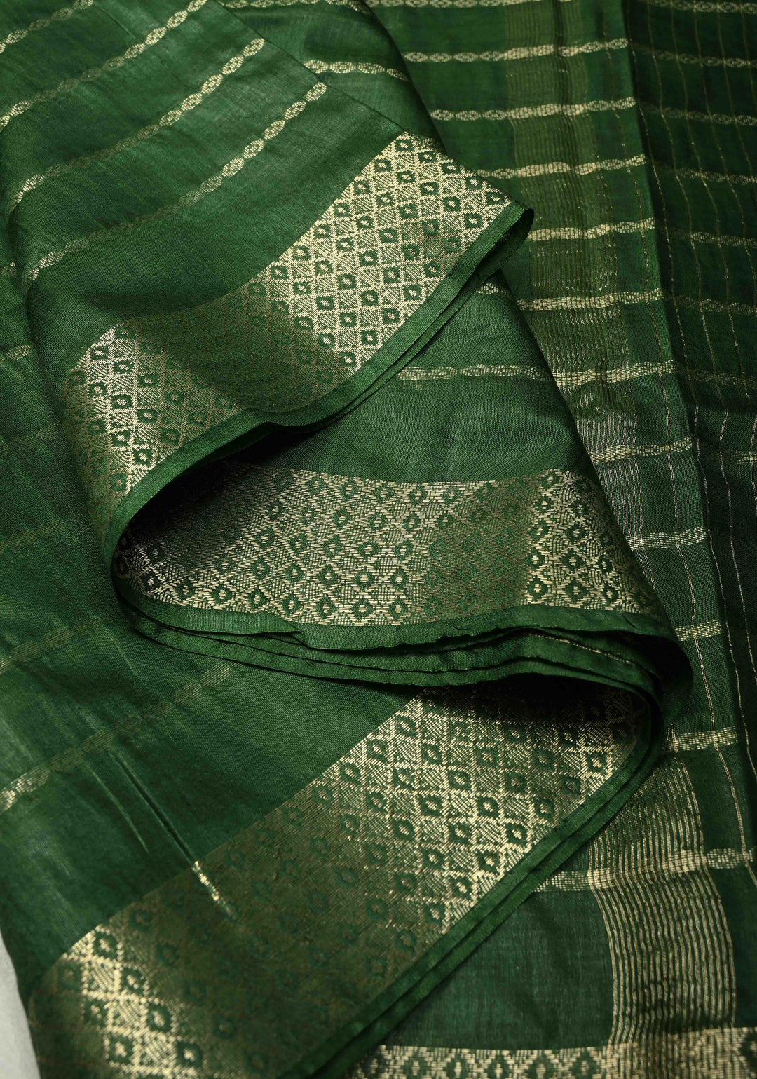 Hunter Green Semi Tussar Saree with Zari Stripes and Zari Border