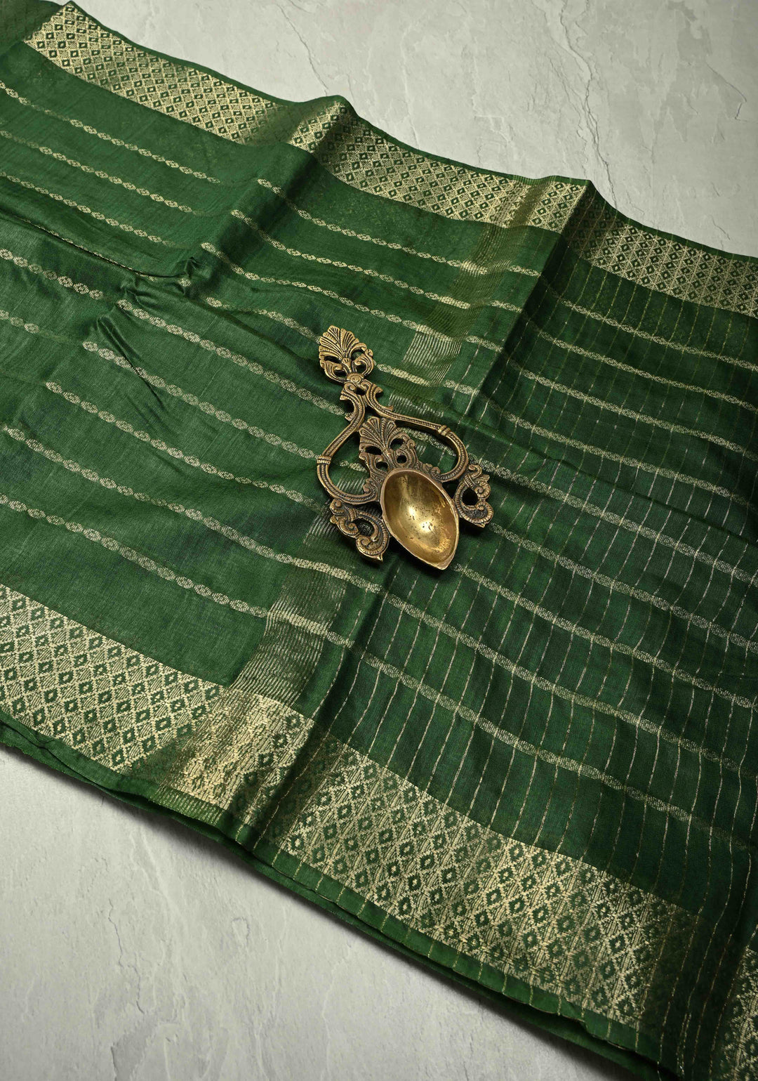 Hunter Green Semi Tussar Saree with Zari Stripes and Zari Border
