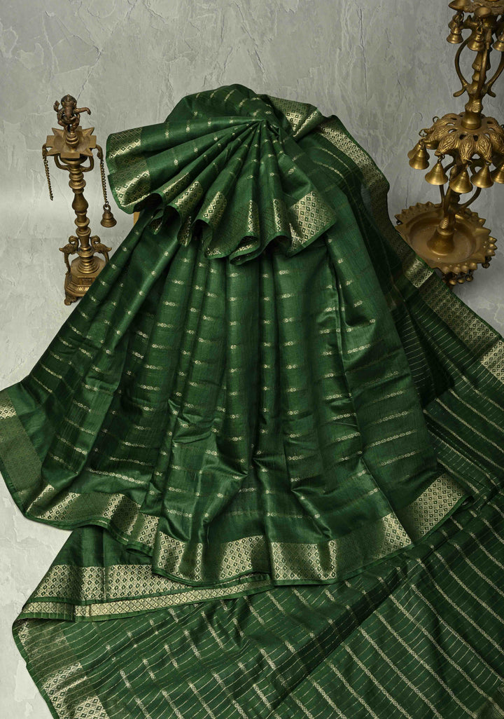 Hunter Green Semi Tussar Saree with Zari Stripes and Zari Border