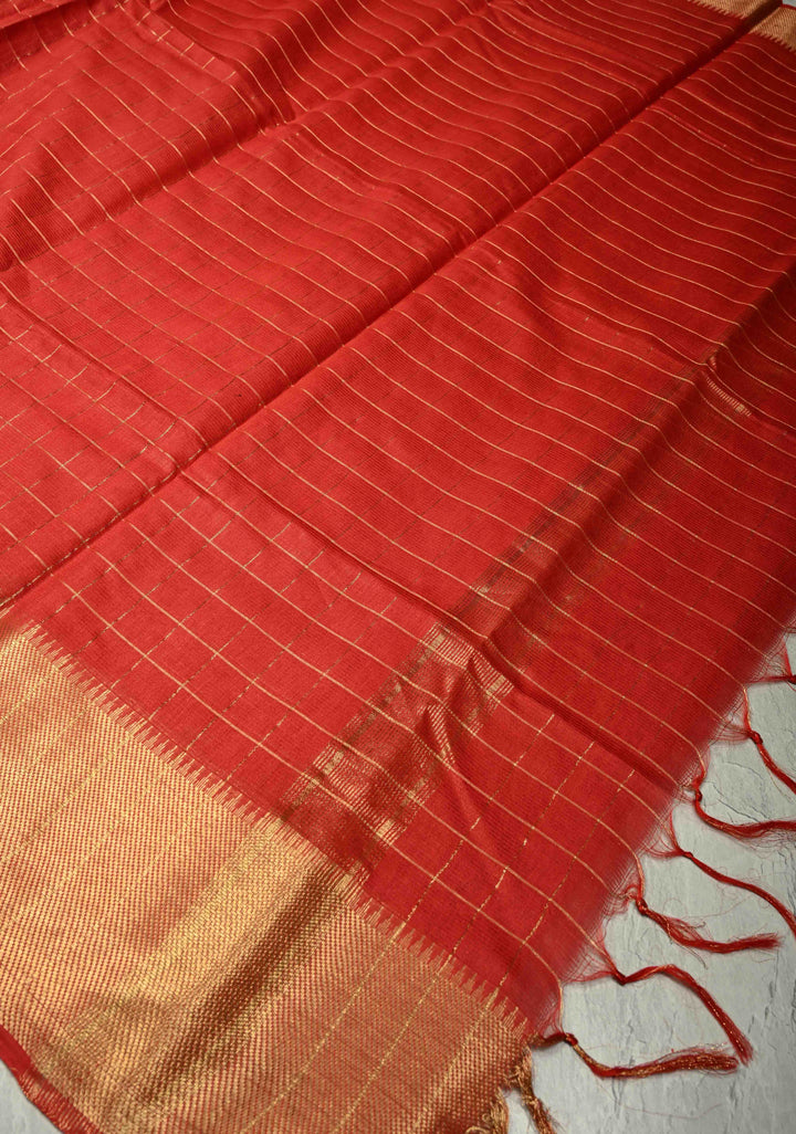 Red Semi Tussar Saree with Zari Checks and Temple Zari Border