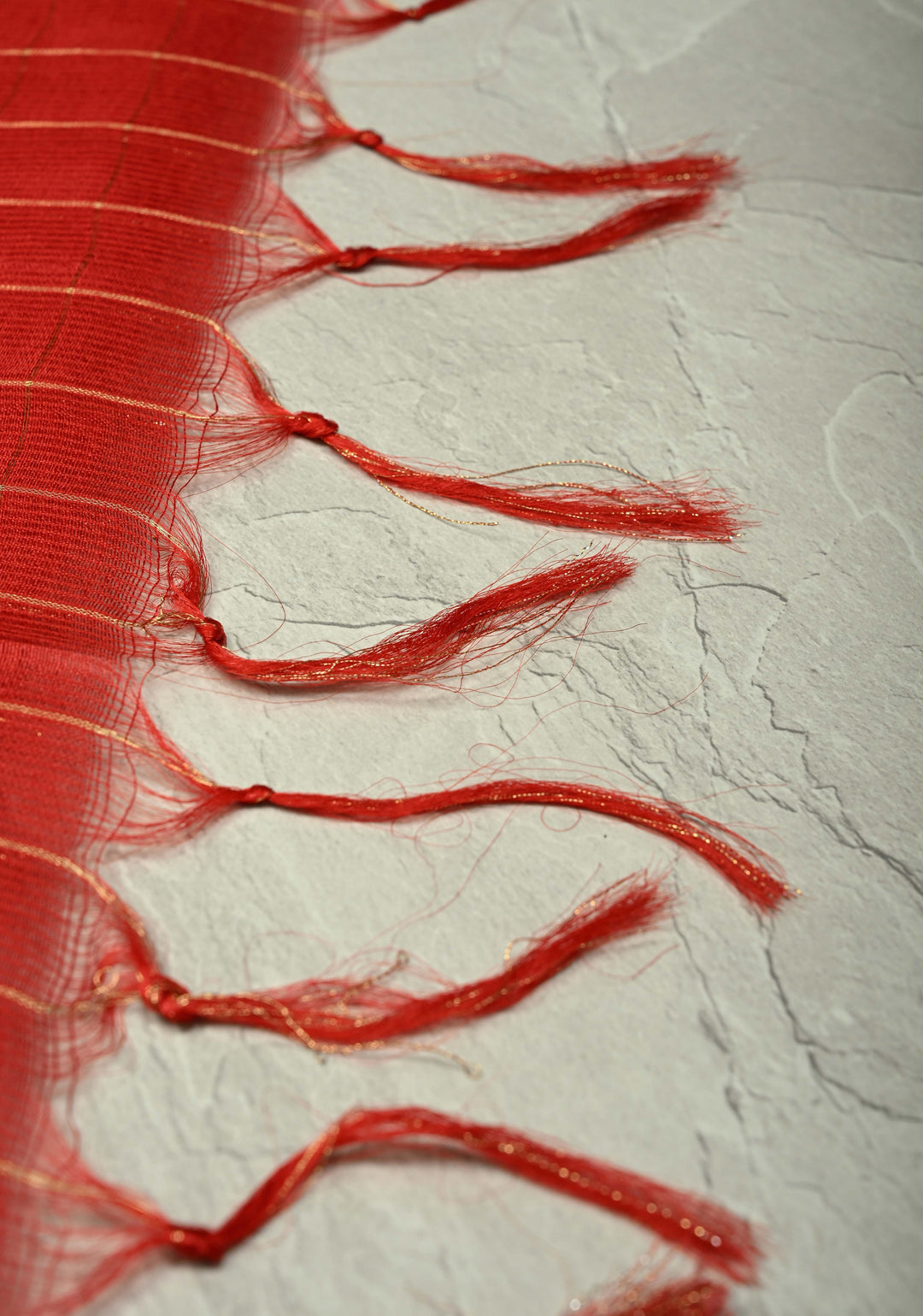 Red Semi Tussar Saree with Zari Checks and Temple Zari Border