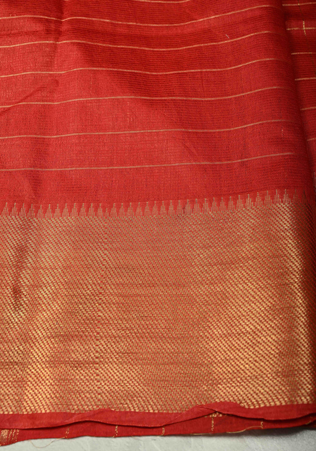 Red Semi Tussar Saree with Zari Checks and Temple Zari Border