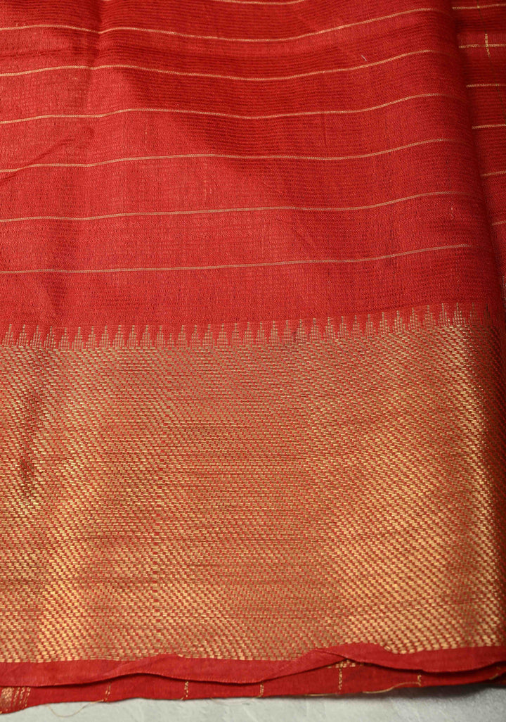 Red Semi Tussar Saree with Zari Checks and Temple Zari Border