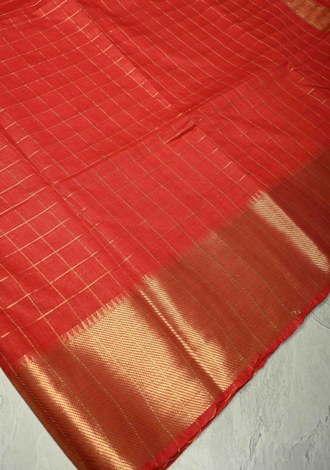 Red Semi Tussar Saree with Zari Checks and Temple Zari Border