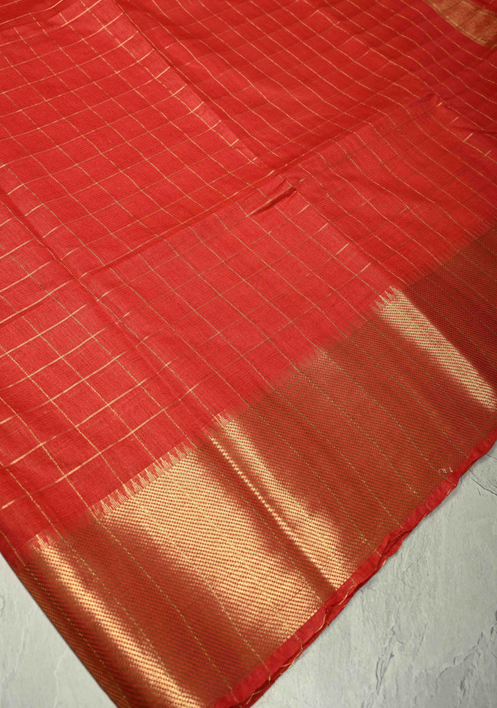 Red Semi Tussar Saree with Zari Checks and Temple Zari Border