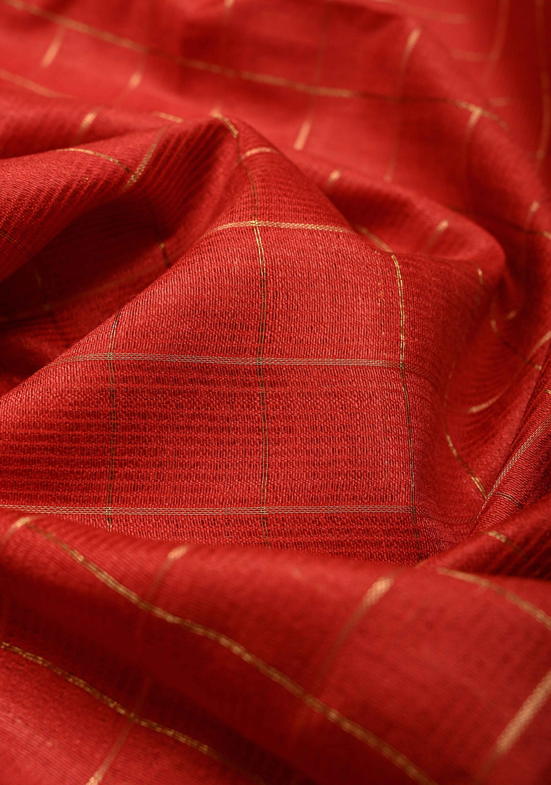 Red Semi Tussar Saree with Zari Checks and Temple Zari Border