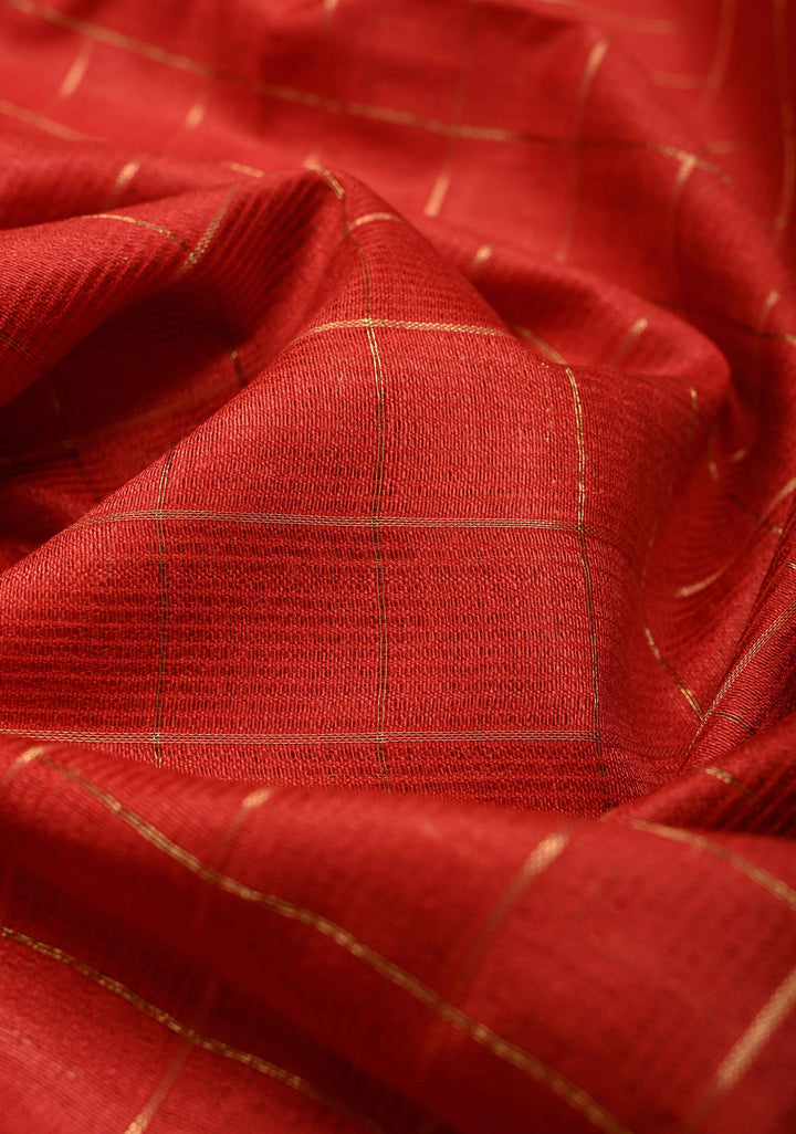 Red Semi Tussar Saree with Zari Checks and Temple Zari Border