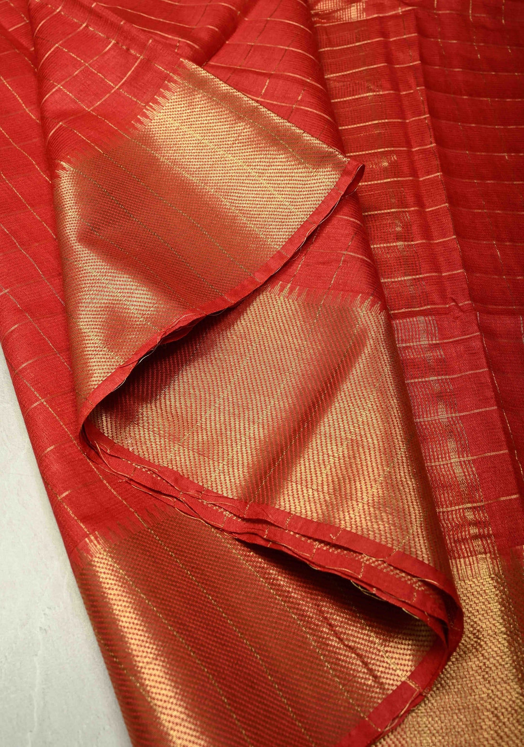 Red Semi Tussar Saree with Zari Checks and Temple Zari Border