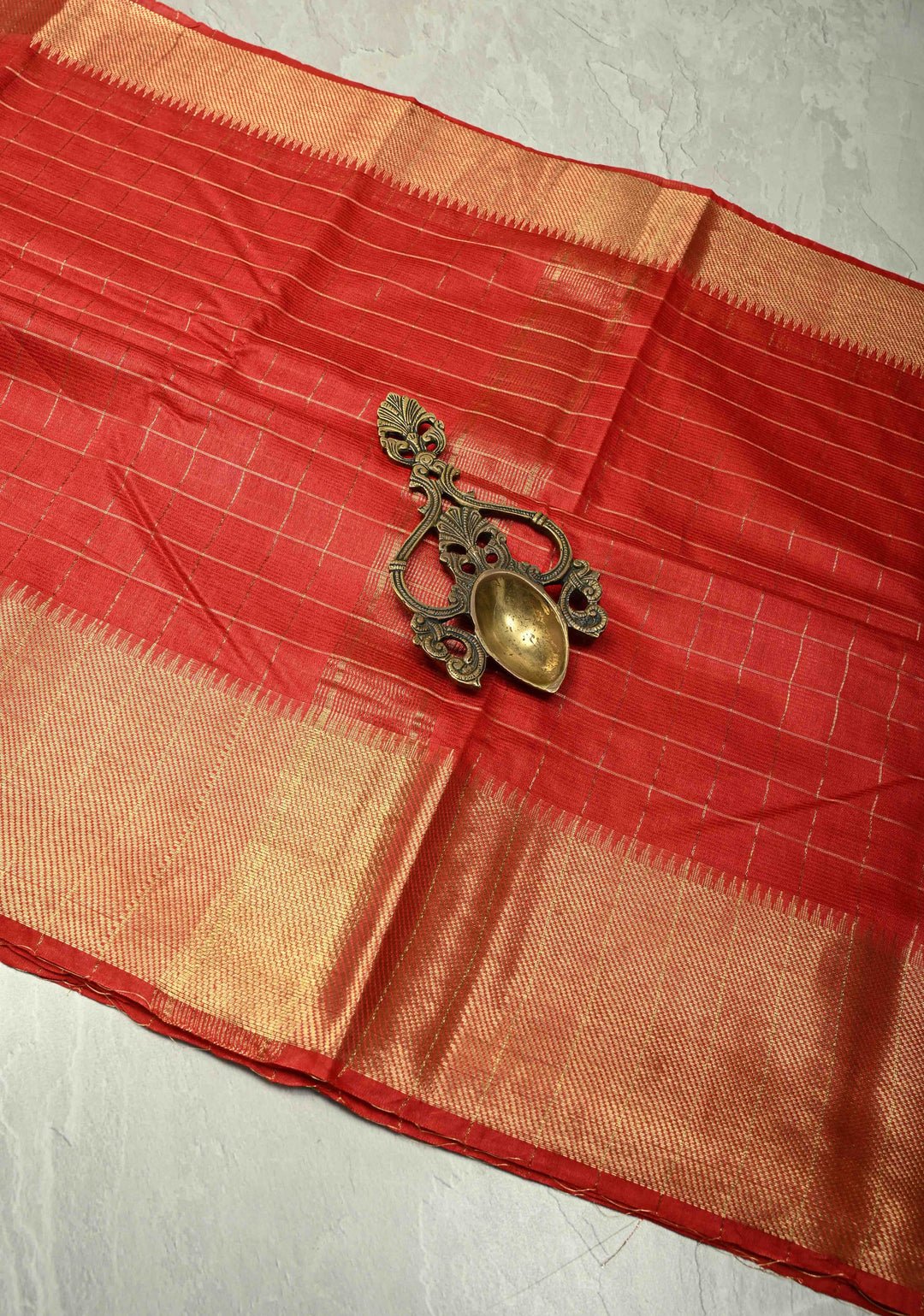 Red Semi Tussar Saree with Zari Checks and Temple Zari Border