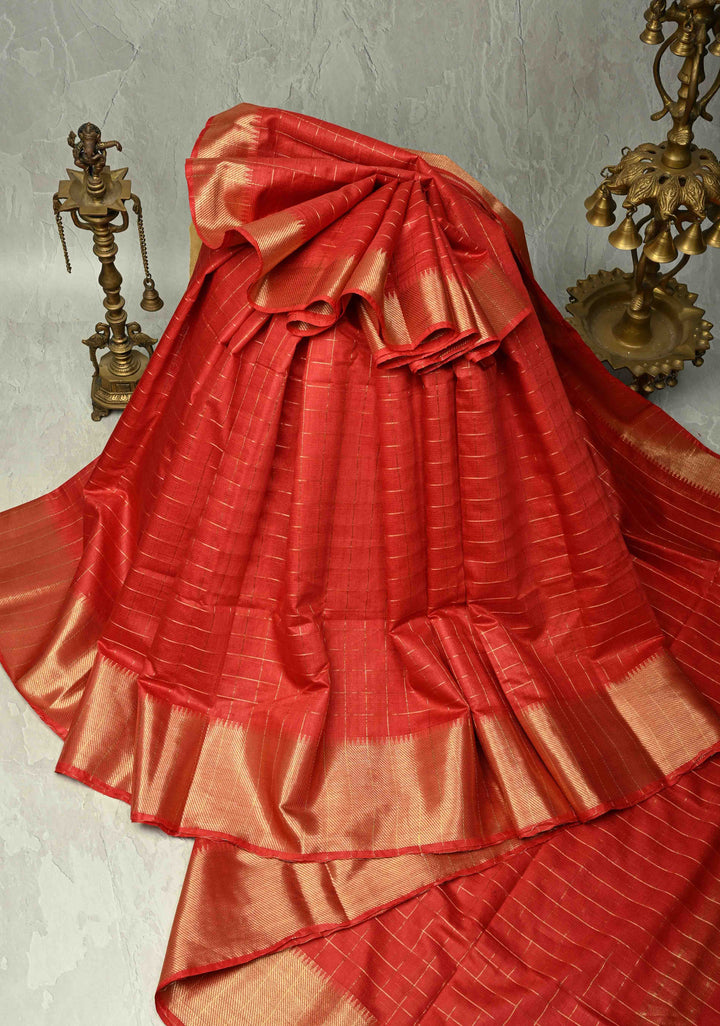 Red Semi Tussar Saree with Zari Checks and Temple Zari Border