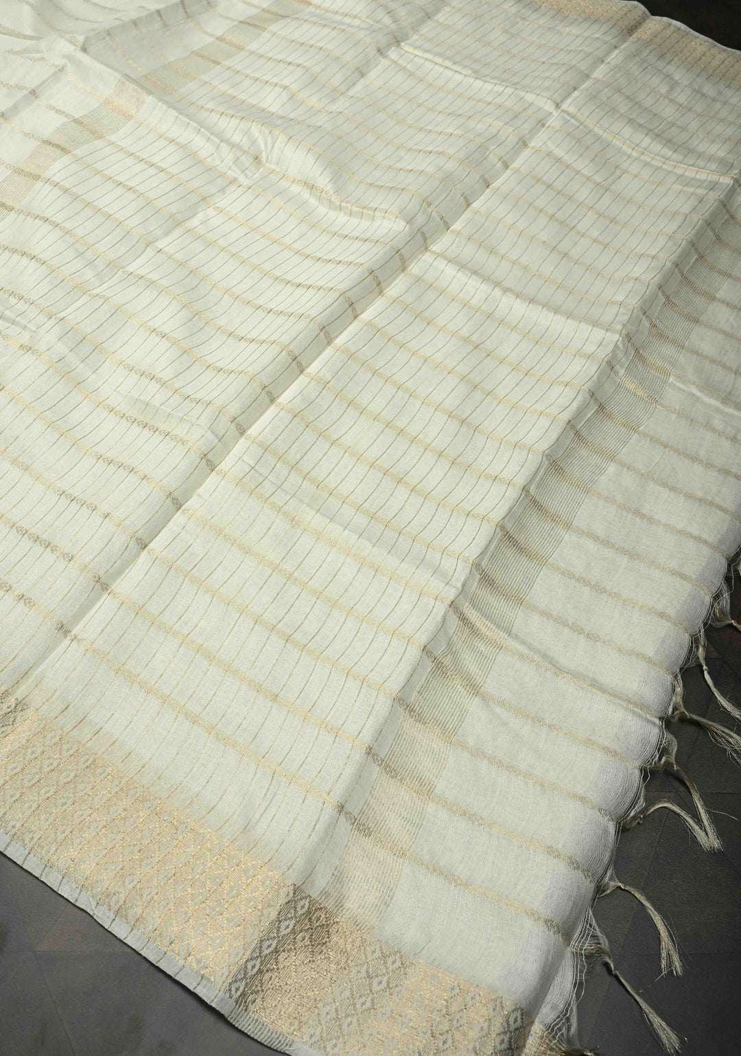 White Semi Tussar Saree with Zari Stripes and Zari Border