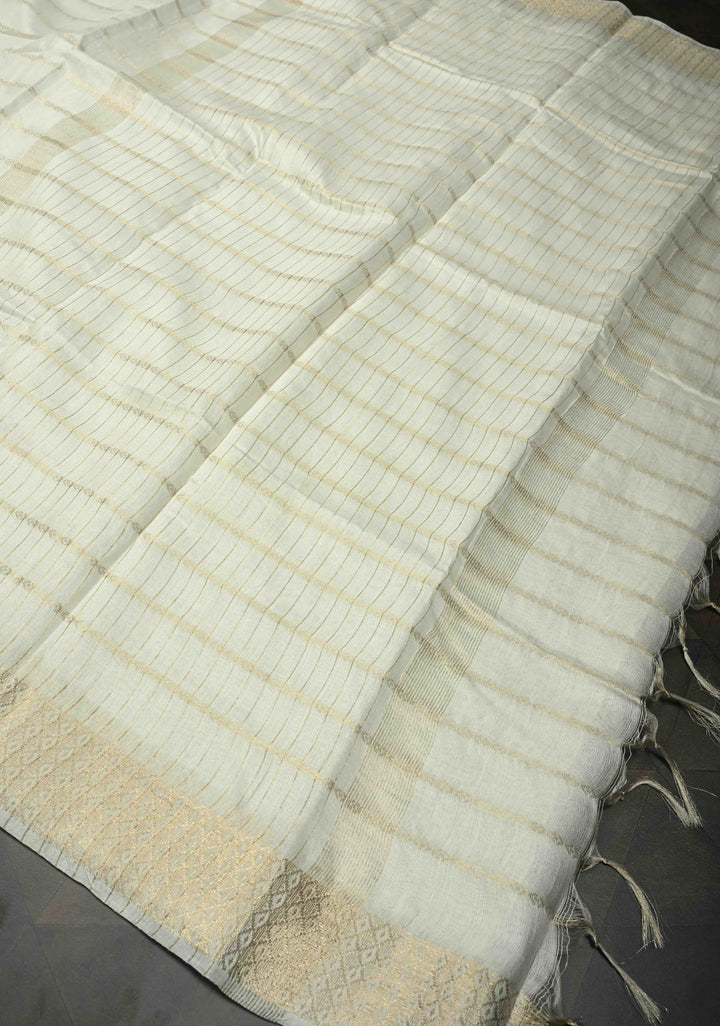 White Semi Tussar Saree with Zari Stripes and Zari Border