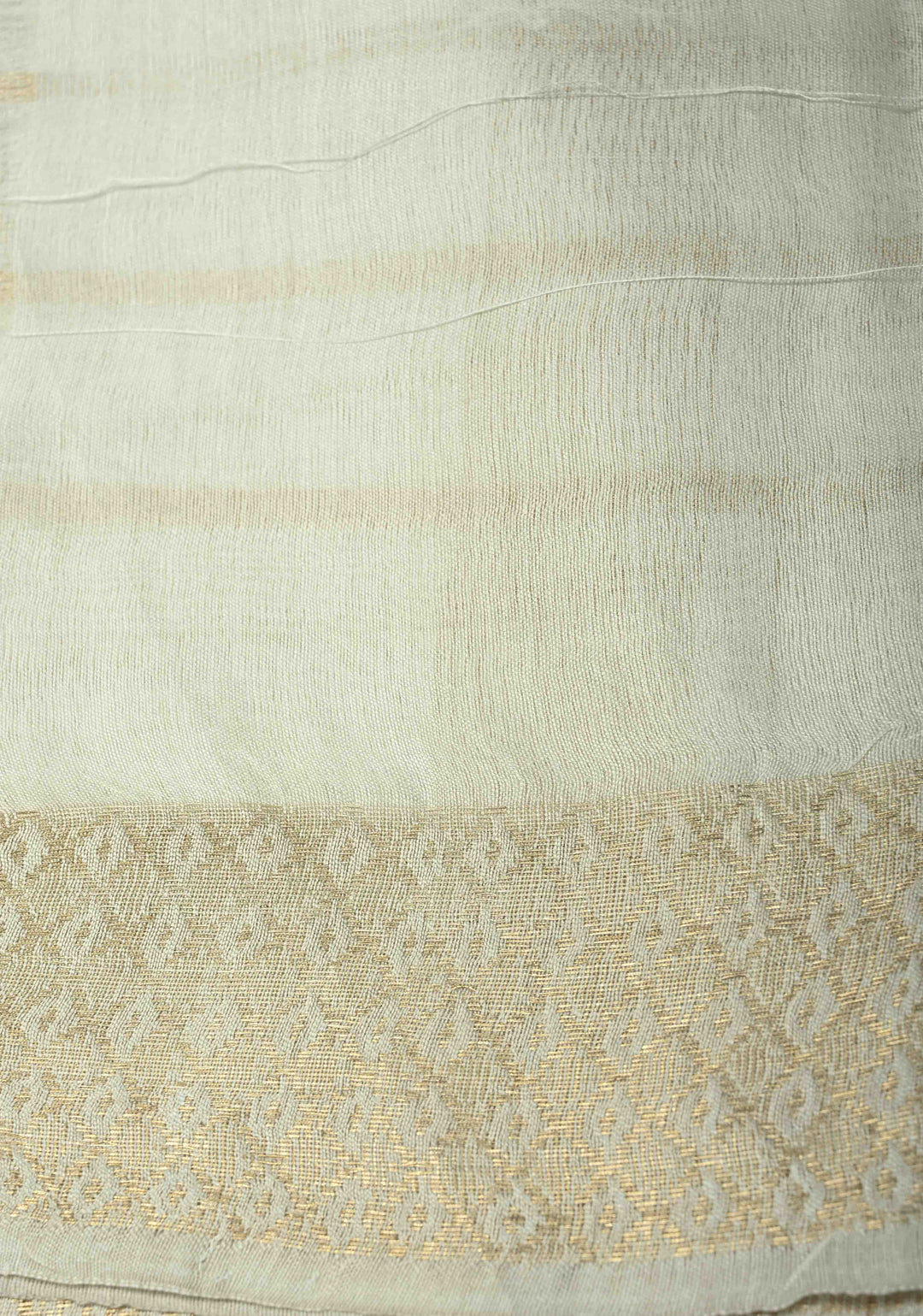 White Semi Tussar Saree with Zari Stripes and Zari Border