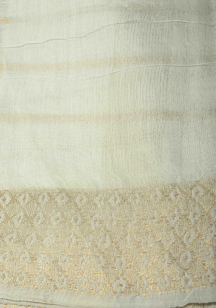 White Semi Tussar Saree with Zari Stripes and Zari Border