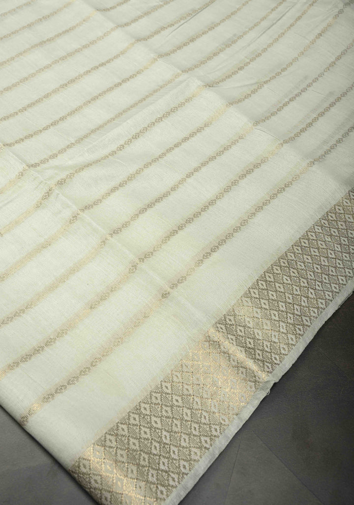 White Semi Tussar Saree with Zari Stripes and Zari Border