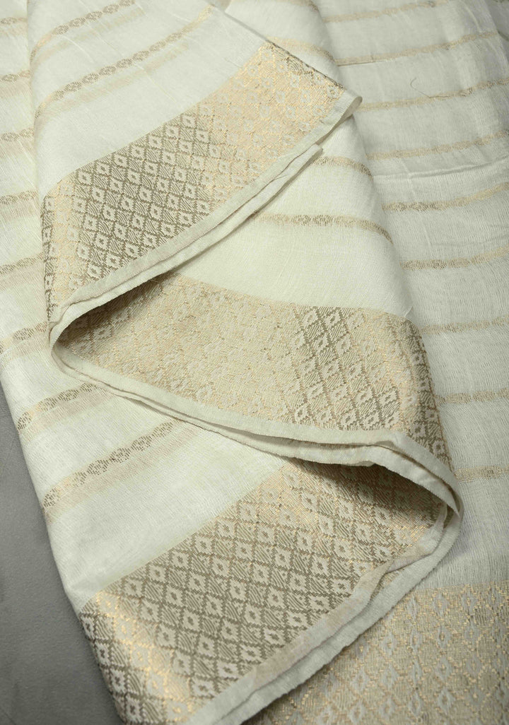 White Semi Tussar Saree with Zari Stripes and Zari Border