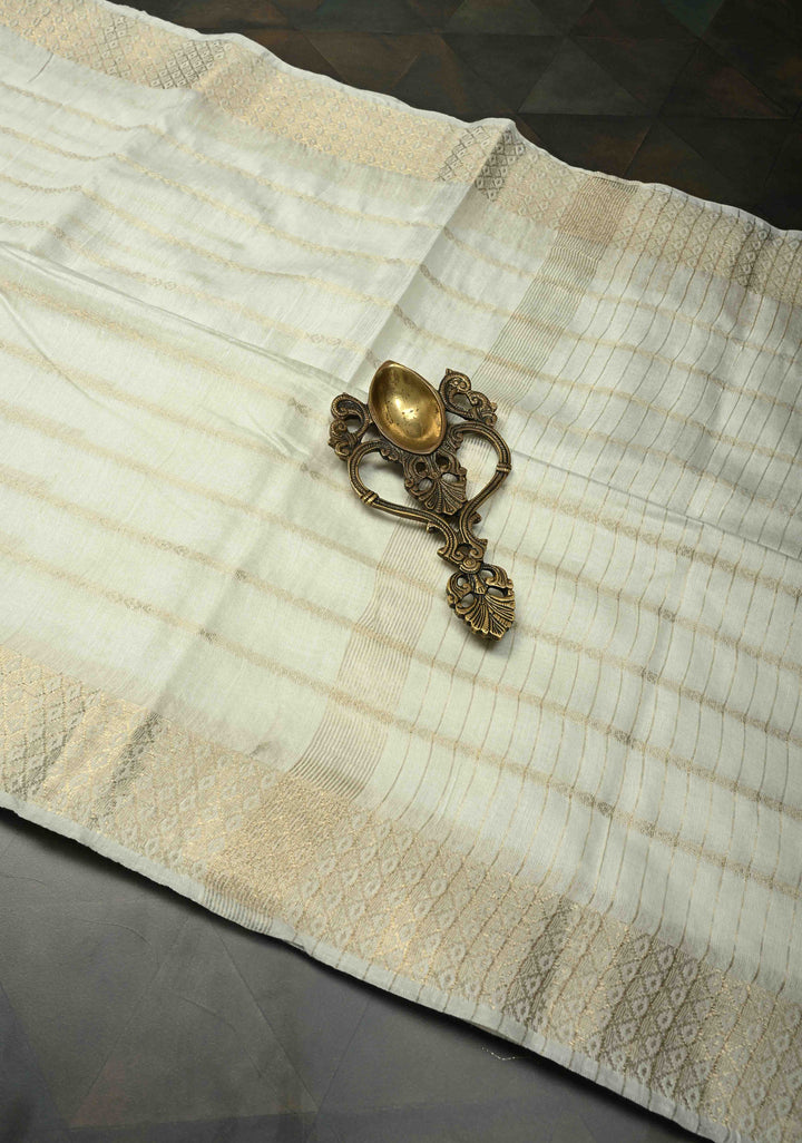 White Semi Tussar Saree with Zari Stripes and Zari Border