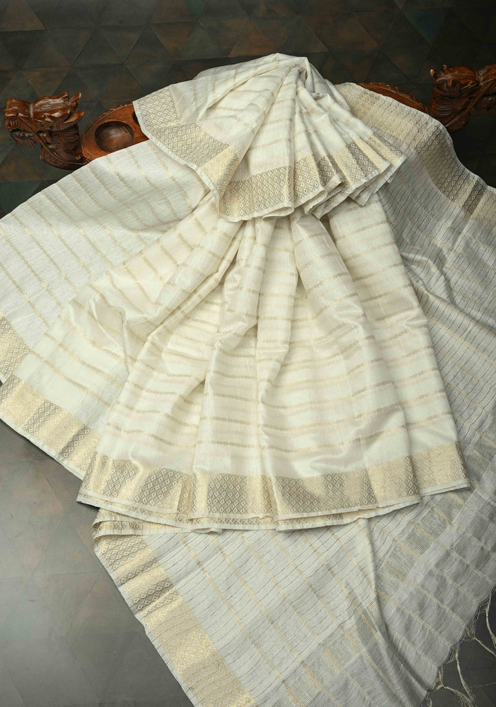 White Semi Tussar Saree with Zari Stripes and Zari Border