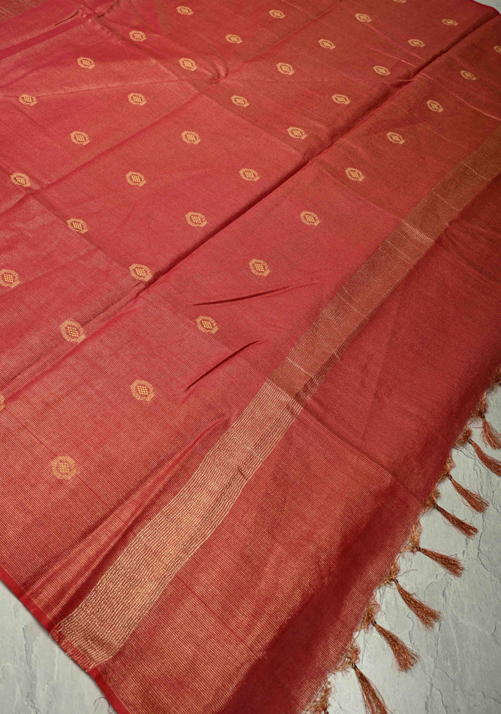 Brick Red Borderless Semi Tussar Tissue Saree with Resham Buttas