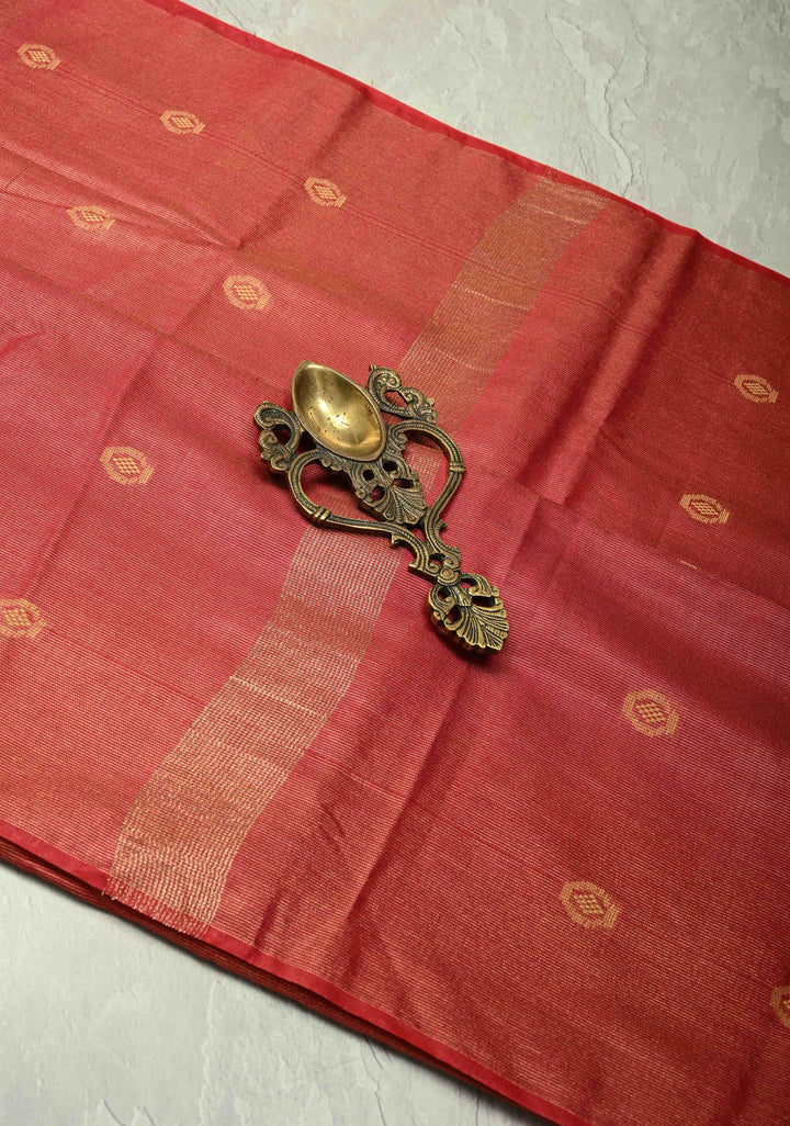 Brick Red Borderless Semi Tussar Tissue Saree with Resham Buttas