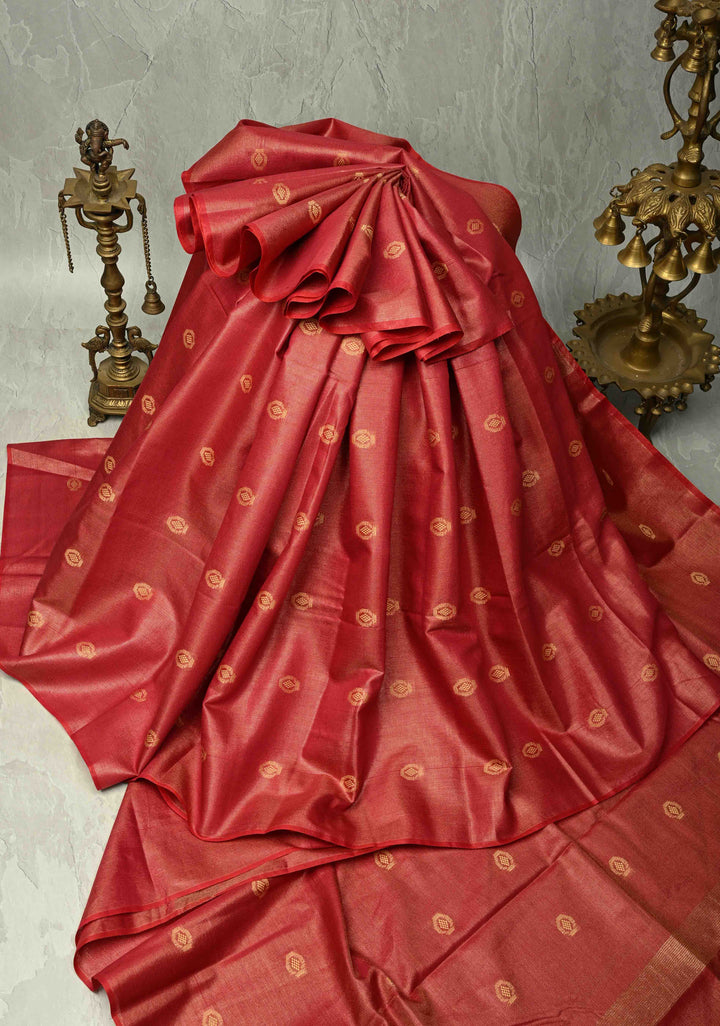 Brick Red Borderless Semi Tussar Tissue Saree with Resham Buttas