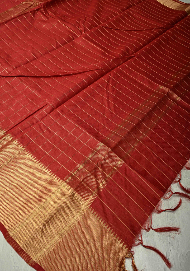 Dark Red Semi Tussar Saree with Zari Checks and Temple Zari Border